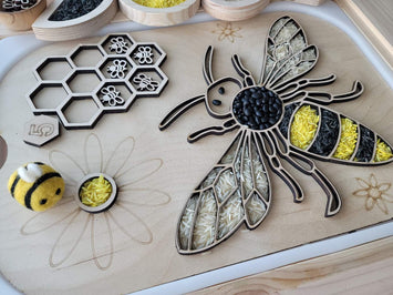 BEE board with wooden and felt bees, number tiles and playdough Stamps