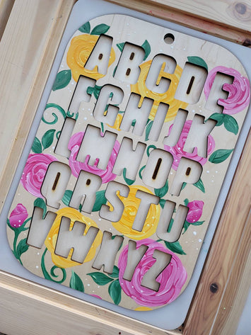 Handpainted Floral Alphabet Letter Puzzle Board, Large Flisat insert