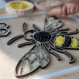 BEE board with wooden and felt bees, number tiles and playdough Stamps