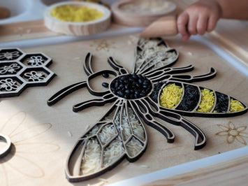 BEE board with wooden and felt bees, number tiles and playdough Stamps