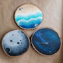 Moon playscape with craters, hand painted on wood slices